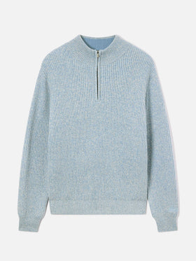 Maglia Buck azzurra in lana con mezza zip e costina mouliné