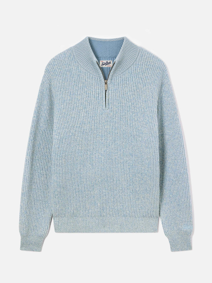 Light blue Buck wool half zip knit with mouliné rib