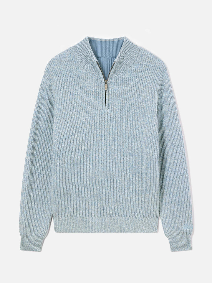 Jersey de punto de media cremallera de lana Buck Light blue con canalé mouliné 