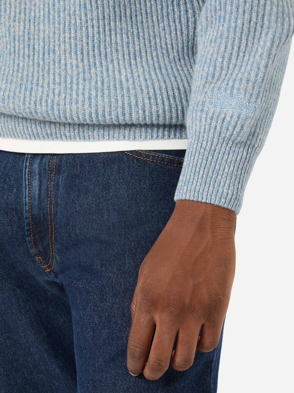 Pull en laine Buck blue légère à demi-zip avec côtes moulinées 