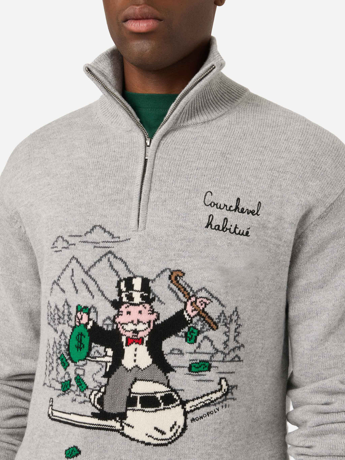 Grauer Buck Strickpullover mit Half-Zip, Monopoly Intarsie und Stickerei | Special edition 