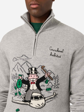 Grauer Buck Strickpullover mit Half-Zip, Monopoly Intarsie und Stickerei | Special edition 