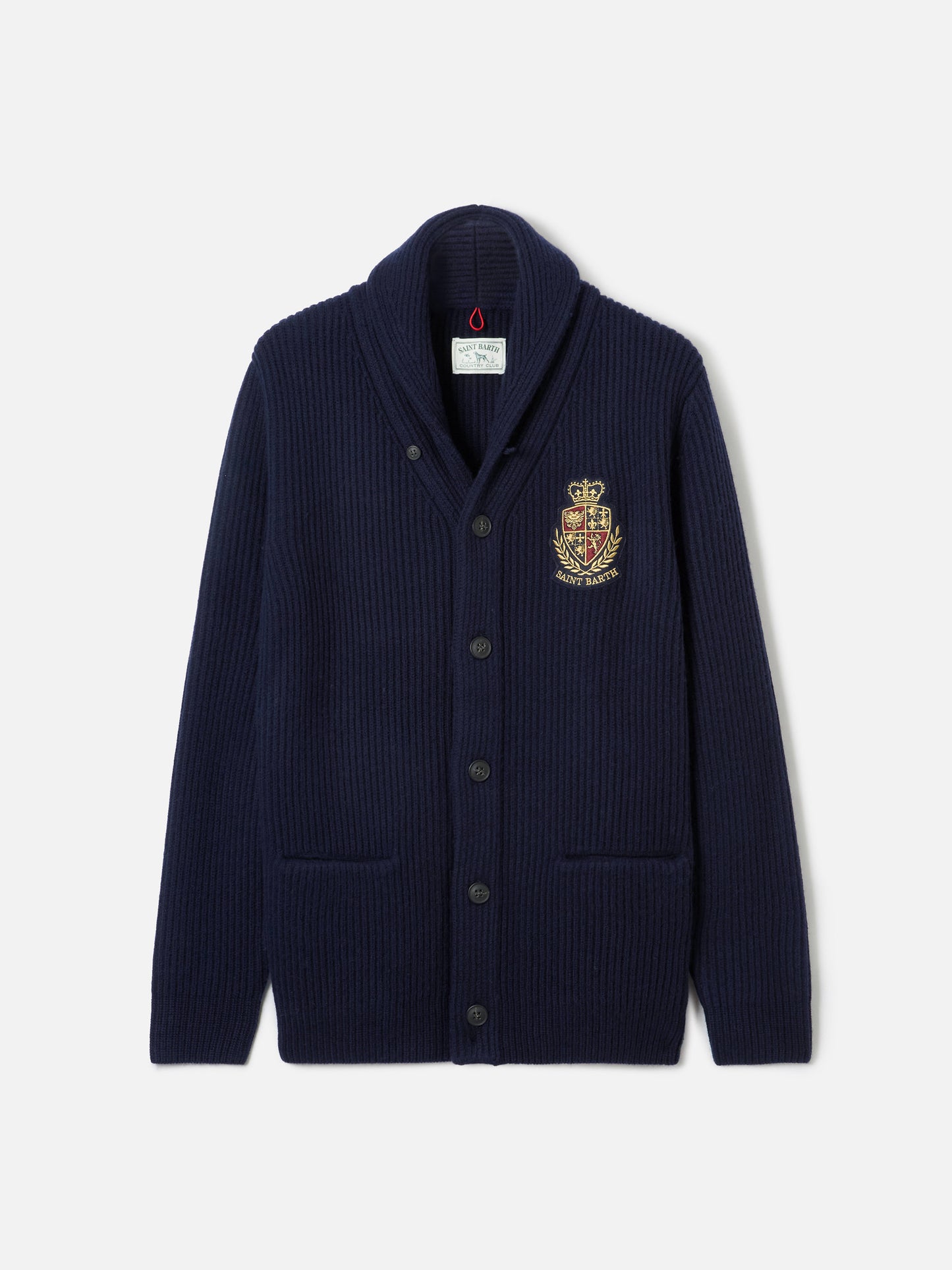 Blauer, gerippter Herren-Cardigan mit Schalkragen, Taschen und Aufnäher