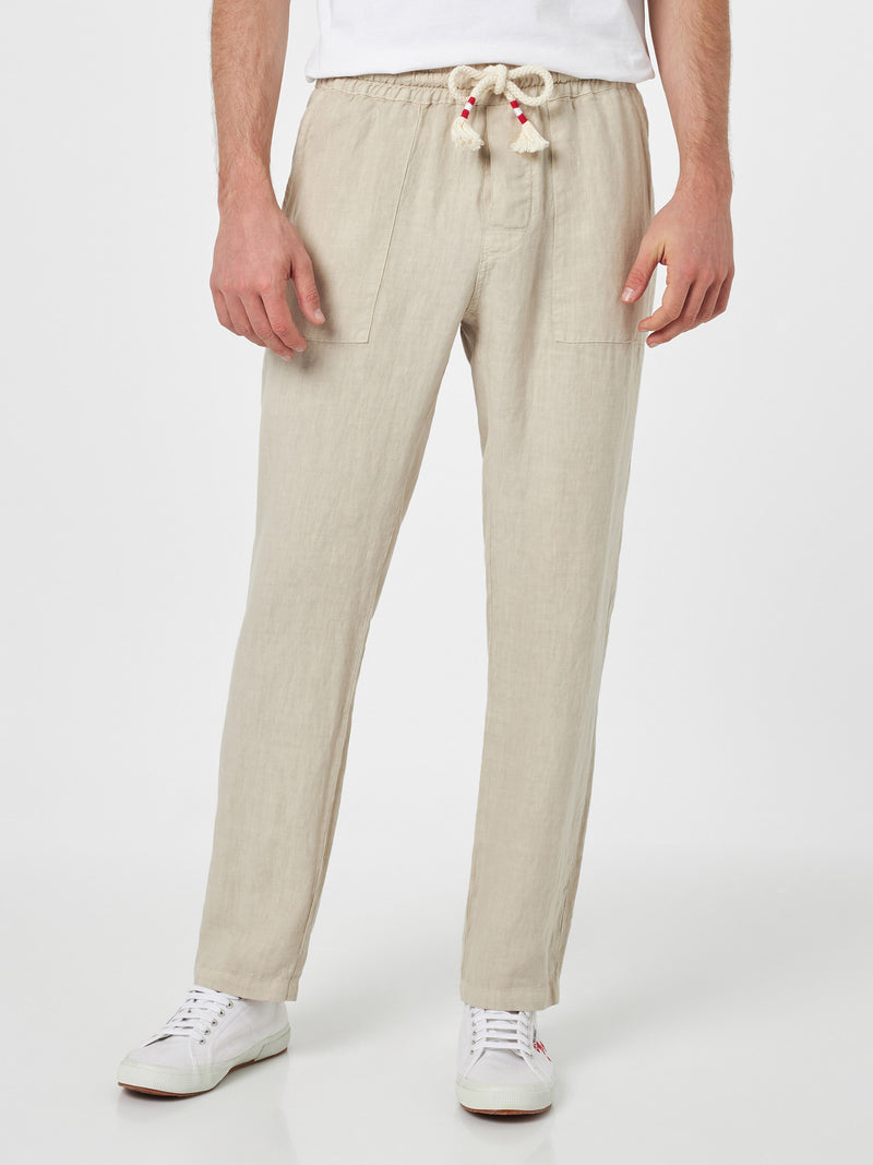 Man off-white linen Calais pants with drawstring