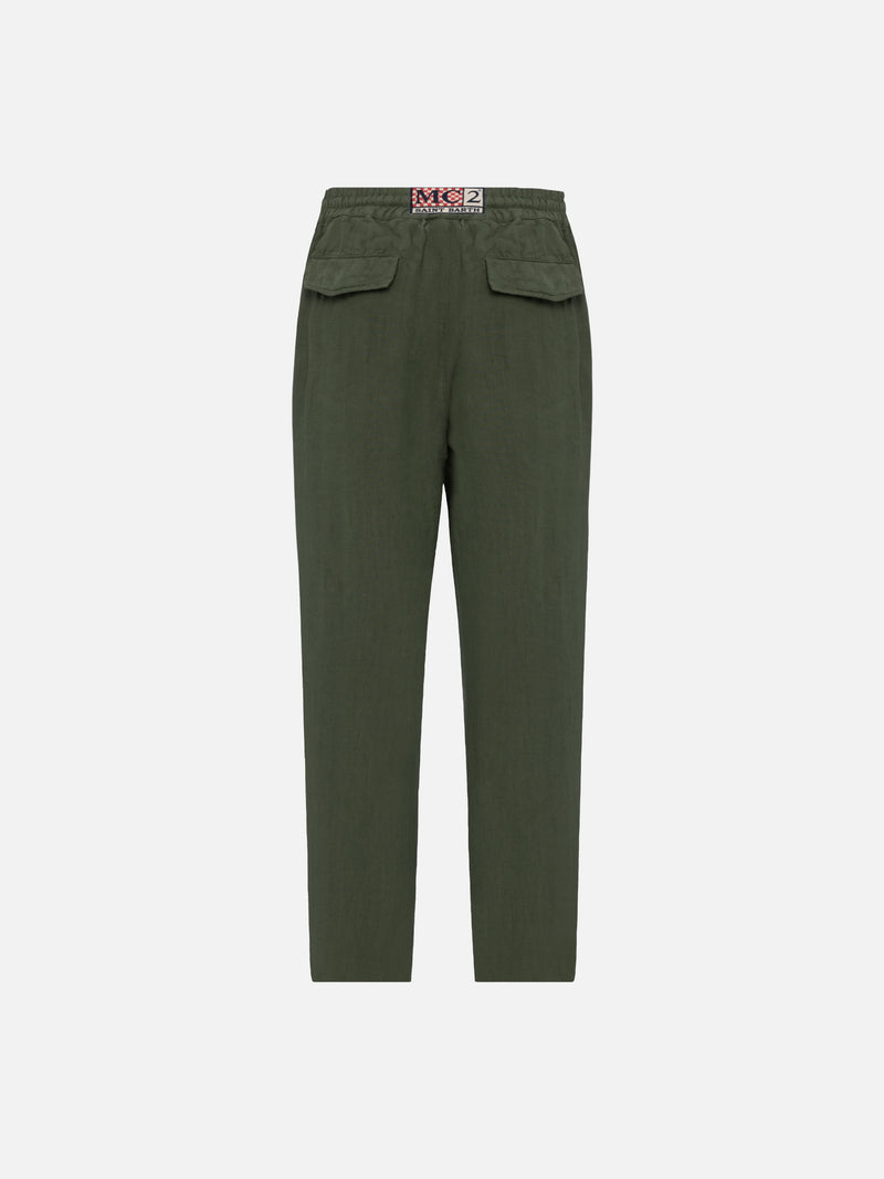 Military green linen pants Calais with drawstring