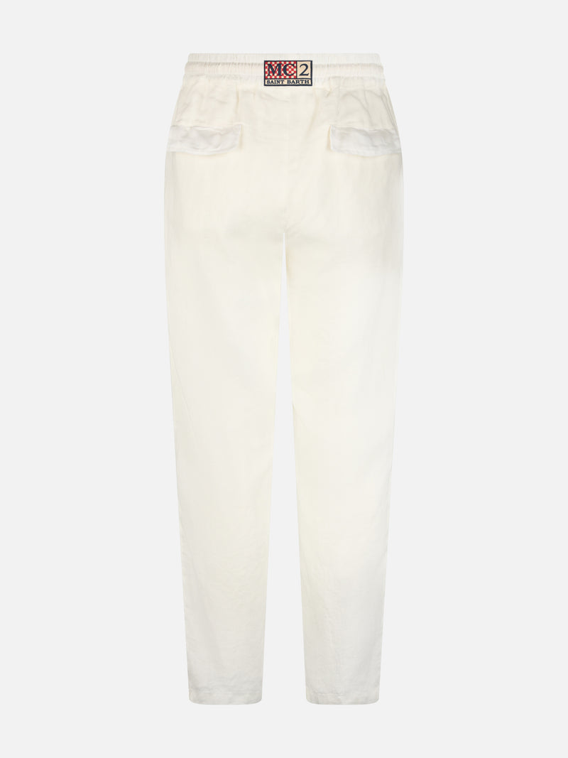 Man white linen Calais pants with drawstring