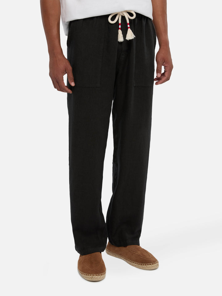 Black linen pants Calais with drawstring