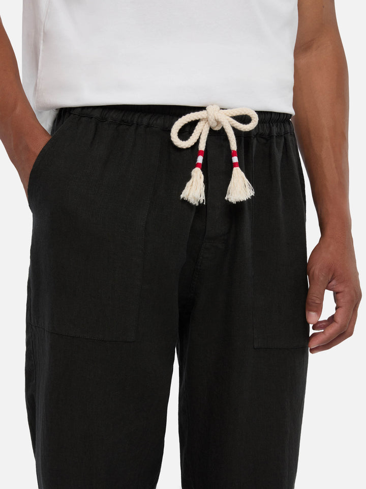 Black linen pants Calais with drawstring