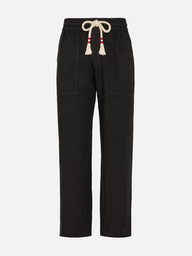 Schwarze Leinenhose Calais mit Kordelzug