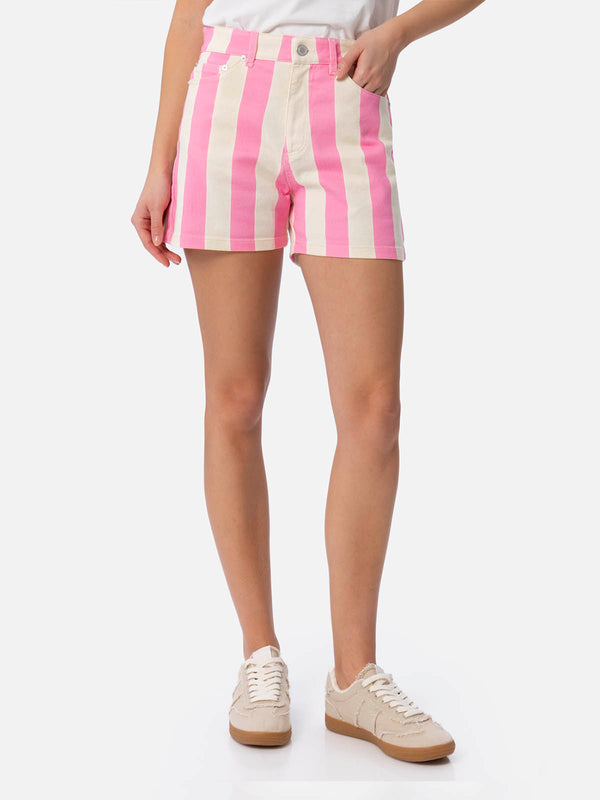 Woman pink striped print denim bermuda Cancun