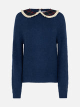 Woman navy blue ribbed sweater Calia with tartan collar and bow