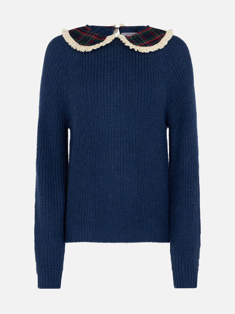 Woman navy blue ribbed sweater Calia with tartan collar and bow