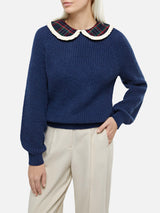 Woman navy blue ribbed sweater Calia with tartan collar and bow