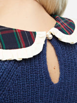 Woman navy blue ribbed sweater Calia with tartan collar and bow