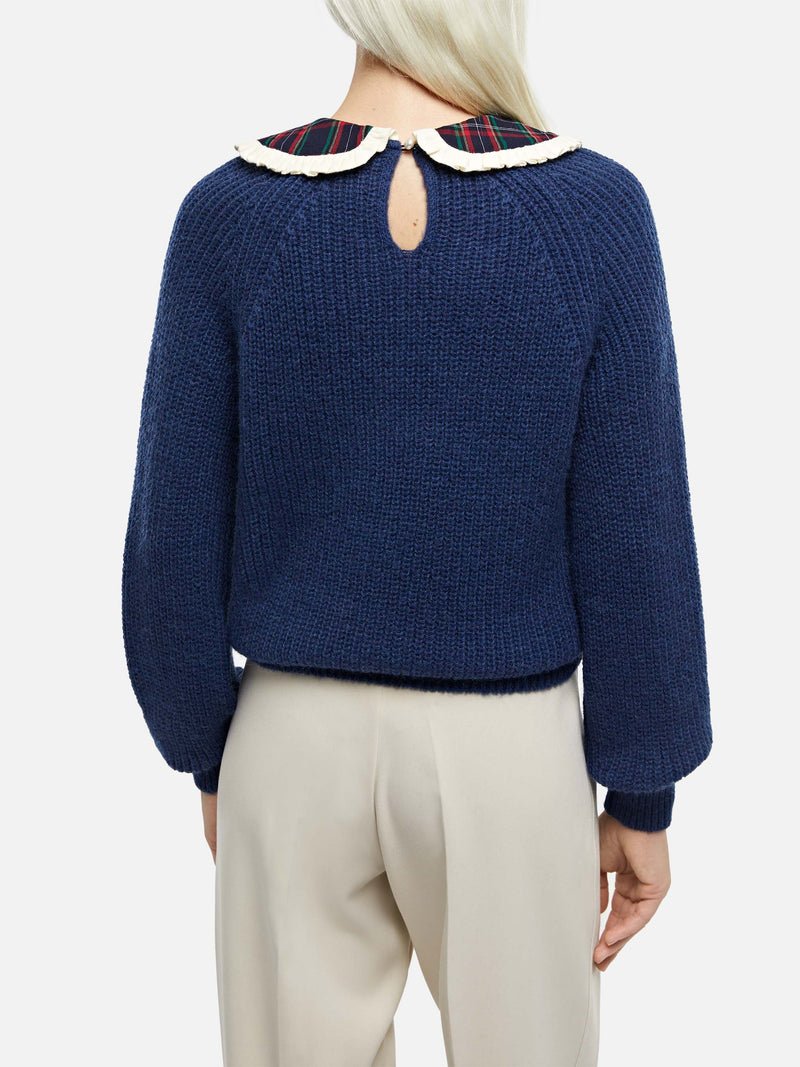 Woman navy blue ribbed sweater Calia with tartan collar and bow