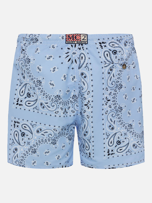 Mid-length swim-shorts Caprese with sky blue bandanna print