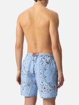 Mid-length swim-shorts Caprese with sky blue bandanna print