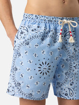 Mid-length swim-shorts Caprese with sky blue bandanna print