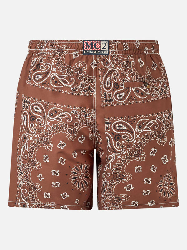 Man swim shorts with brown bandanna print