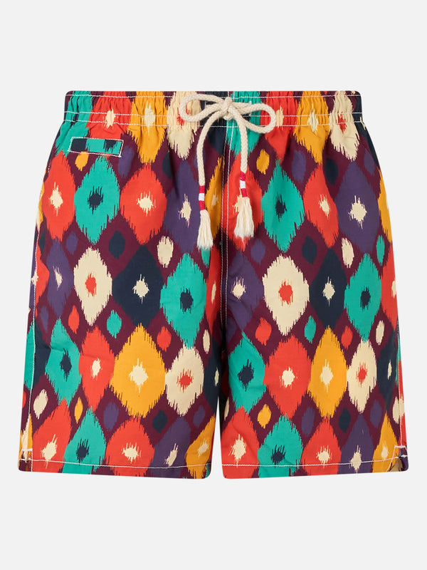 Mittellange mehrfarbige Ikat-Badeshorts für Herren Caprese