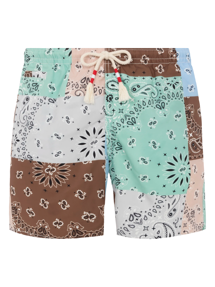 Mid-length swim-shorts Caprese with bandanna patch print