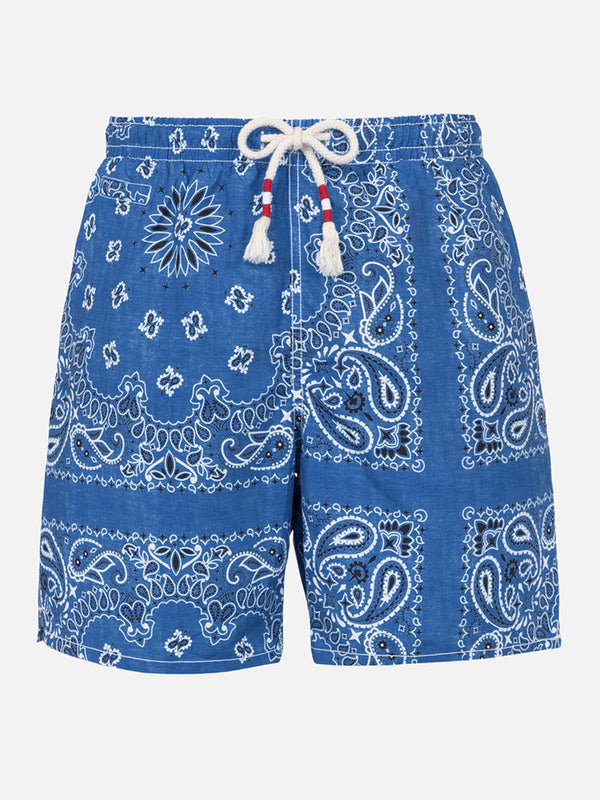 Man swim shorts with denim bandanna print