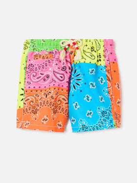 Caprese Jr Swim shorts with multicolor fluo bandana print