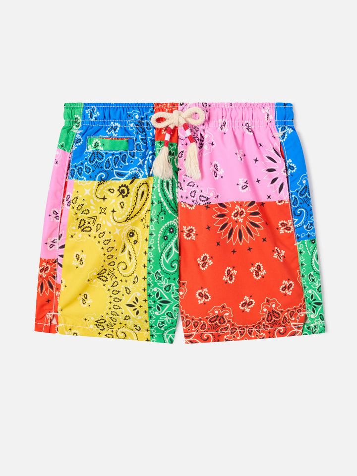 Boy swim shorts with multicolor bandanna print