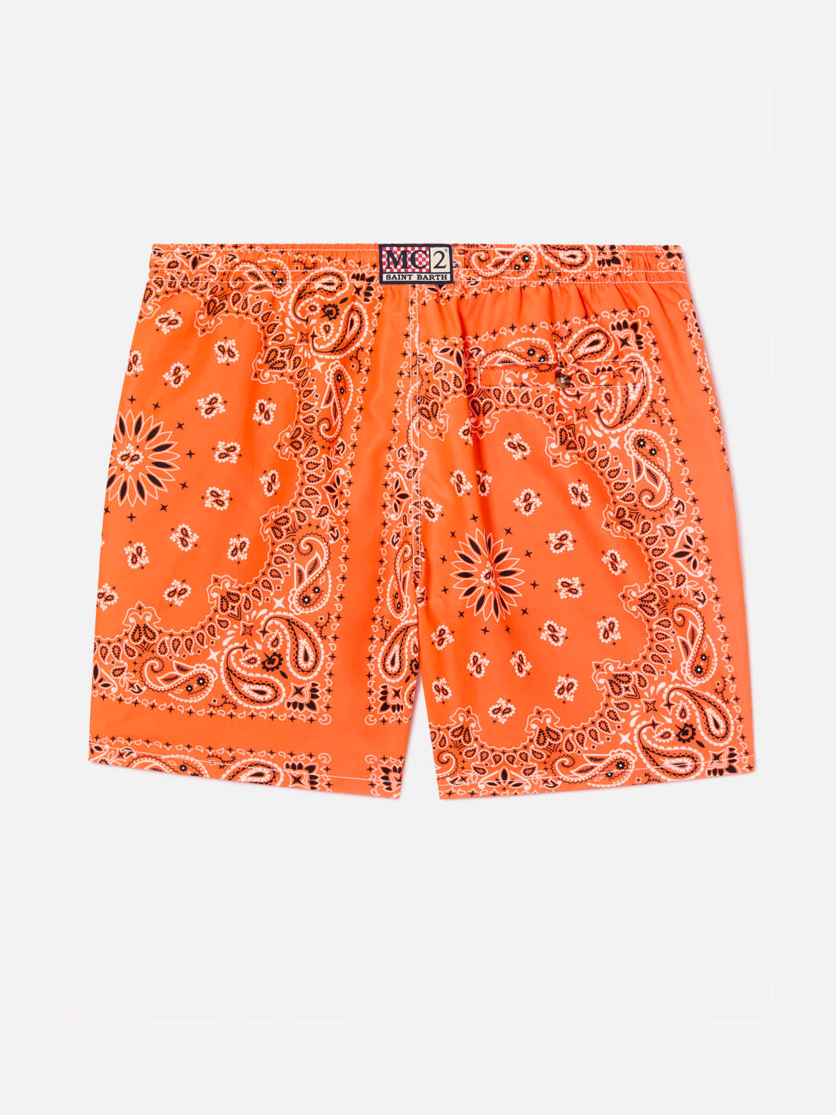 Boy swim shorts with orange bandanna print