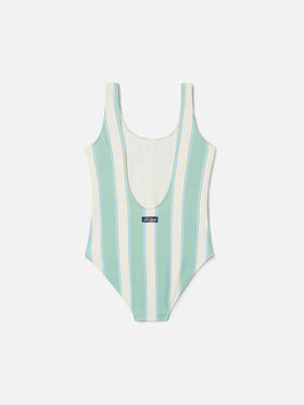 Cara green and white striped one-piece swimsuit with Beach Club print