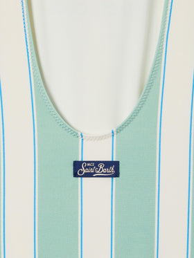 Cara green and white striped one-piece swimsuit with Beach Club print