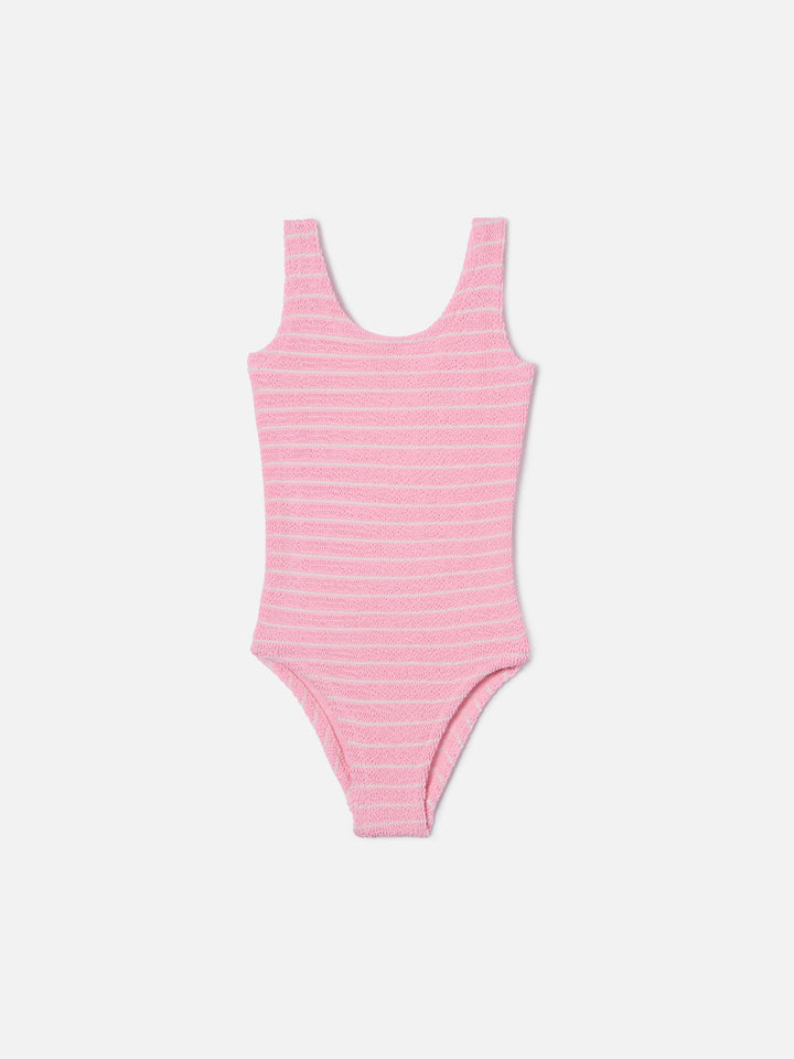 Costume intero Cara in tessuto crinkle a righe rosa e bianche