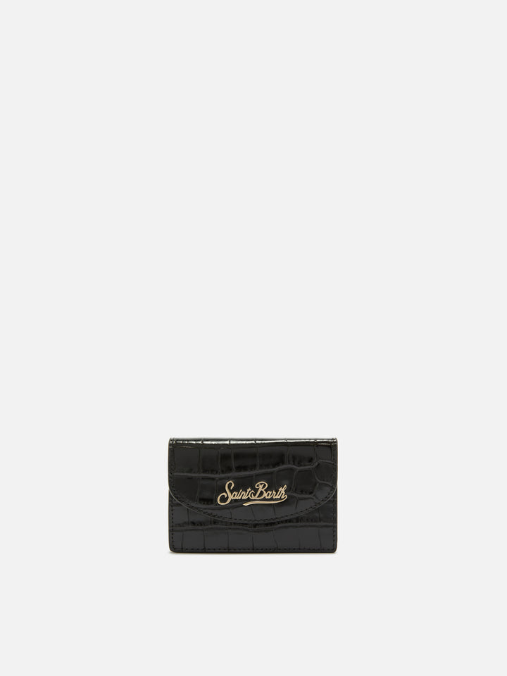 Porte-cartes en cuir noir avec imprimé croco 