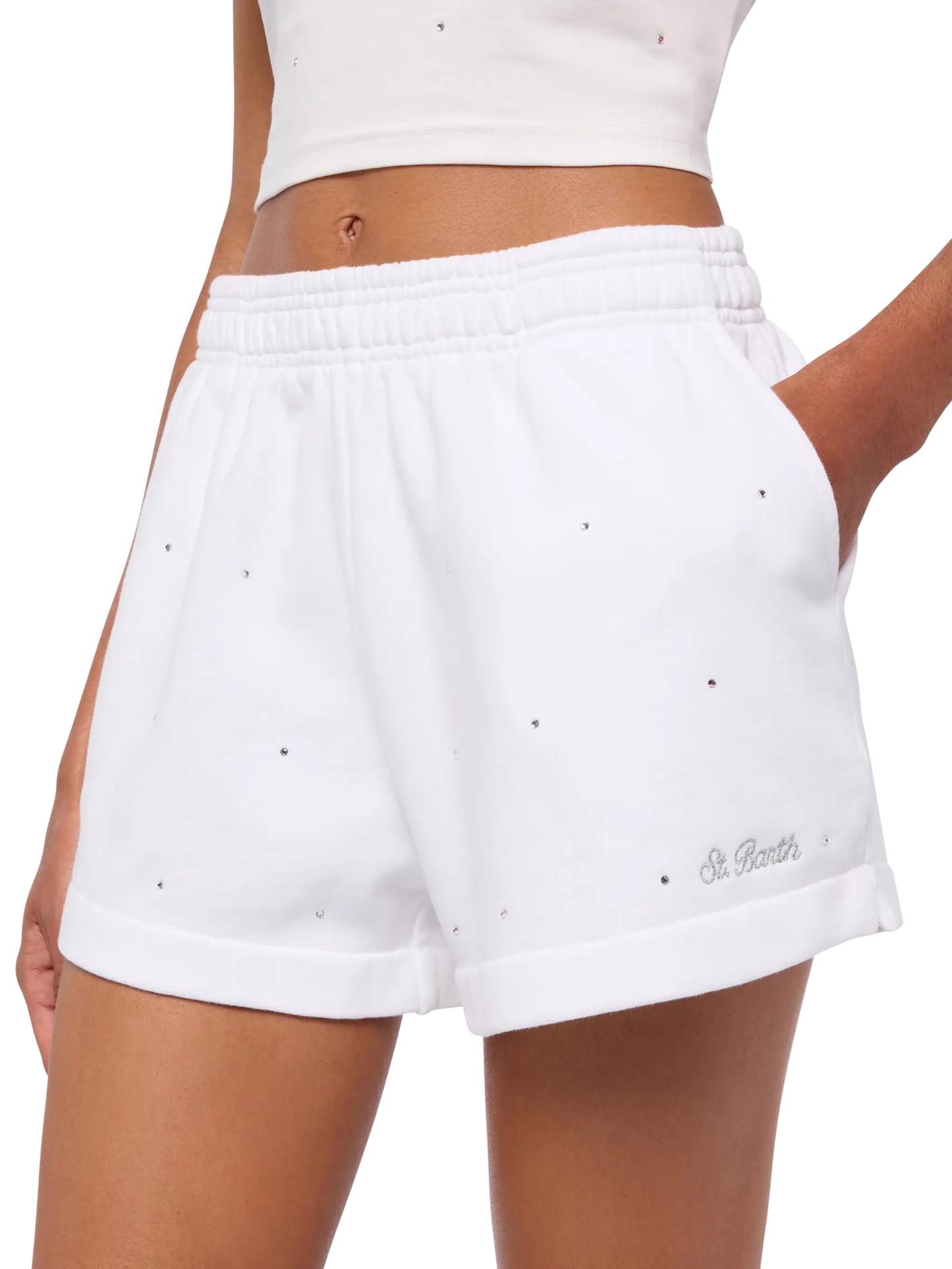 Cate white cotton pull up shorts with striped rhinestone embellishment