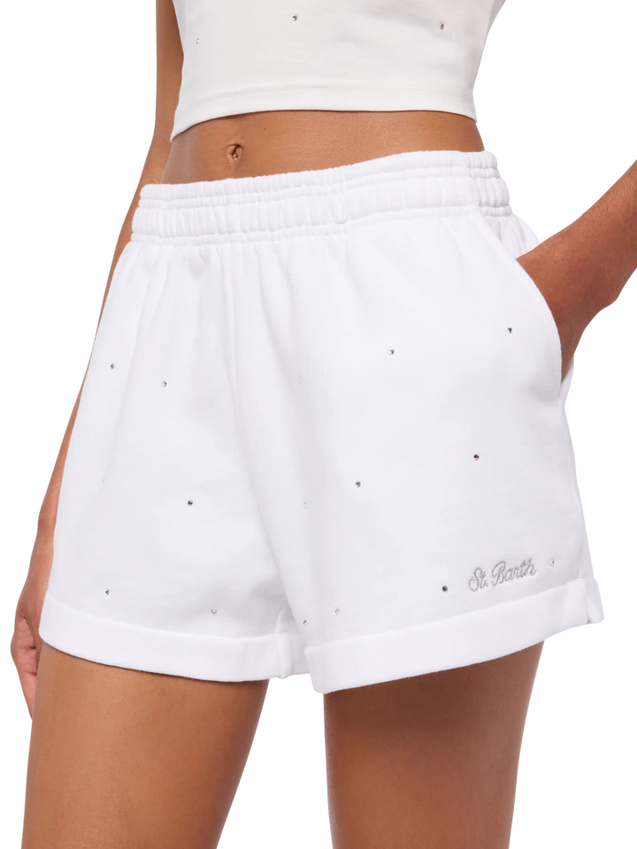 Cate white cotton pull up shorts with striped rhinestone embellishment