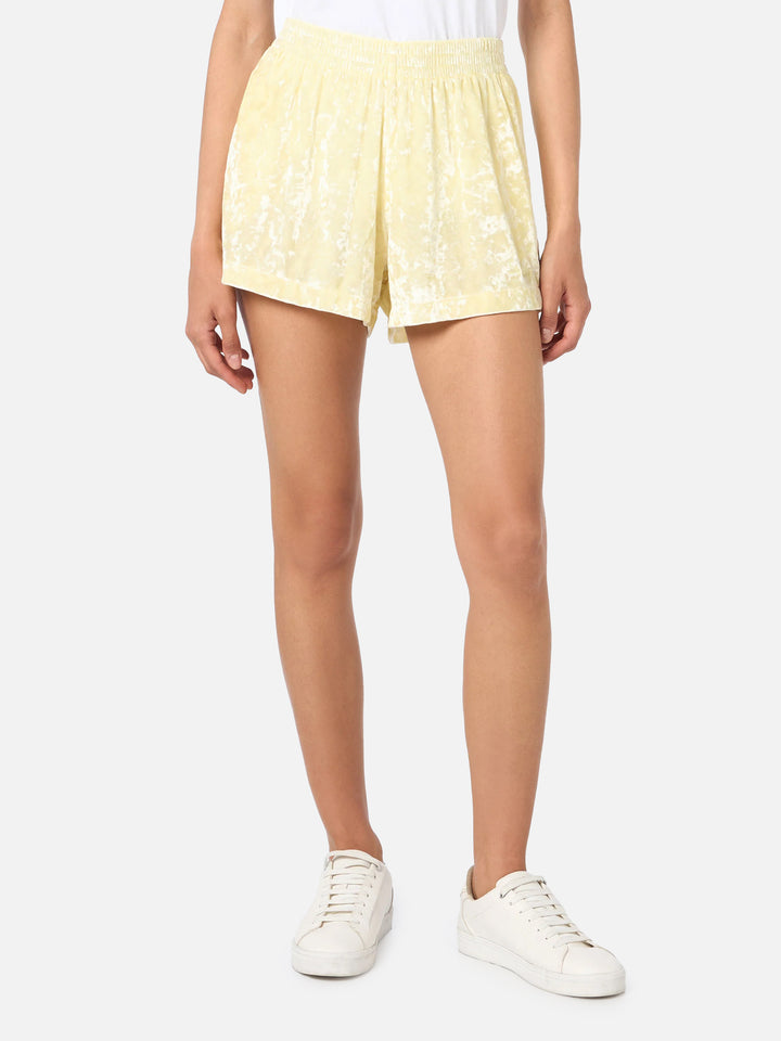 Woman pale yellow chenille pull up shorts Cate