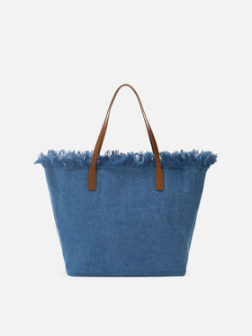 City regular bag in denim fabric with fringes
