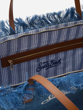 City regular bag in denim fabric with fringes