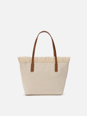White medium City canvas shopper bag with fringes