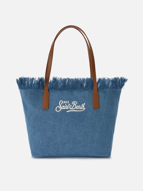 Medium City shopper bag in denim fabric with fringes