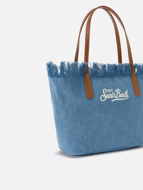 Medium City shopper bag in denim fabric with fringes