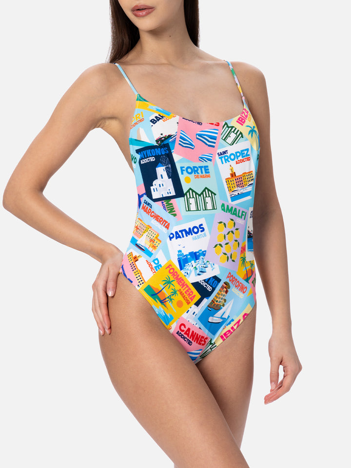 Damen-Badeanzug Cecille mit Postkarten-Print
