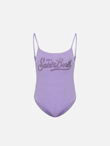 Cecille Jr one-piece shiny swimsuit with rhinestone logo