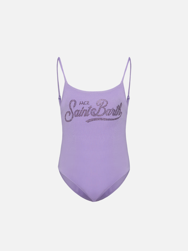 Cecille Jr one-piece shiny swimsuit with rhinestone logo