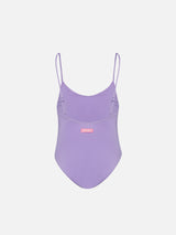 Cecille Jr one-piece shiny swimsuit with rhinestone logo