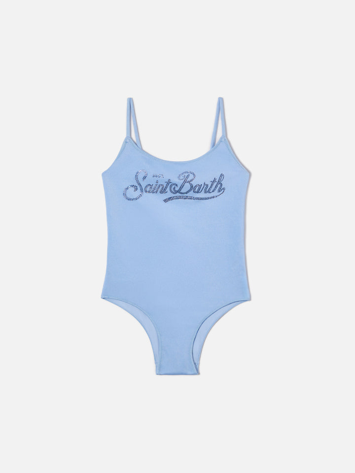 Cecille Jr one-piece swimsuit in glossy finish fabric with rhinestone logo