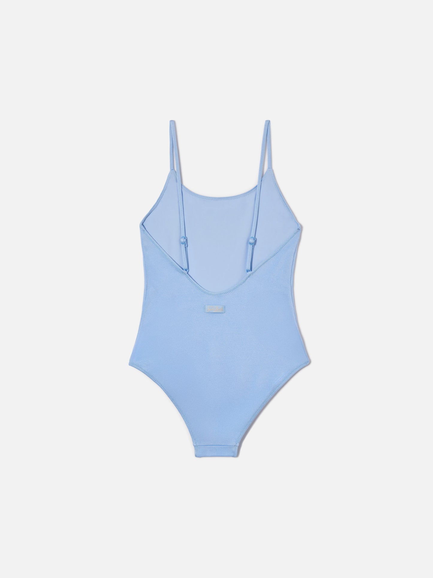 Cecille Jr one-piece swimsuit in glossy finish fabric with rhinestone logo