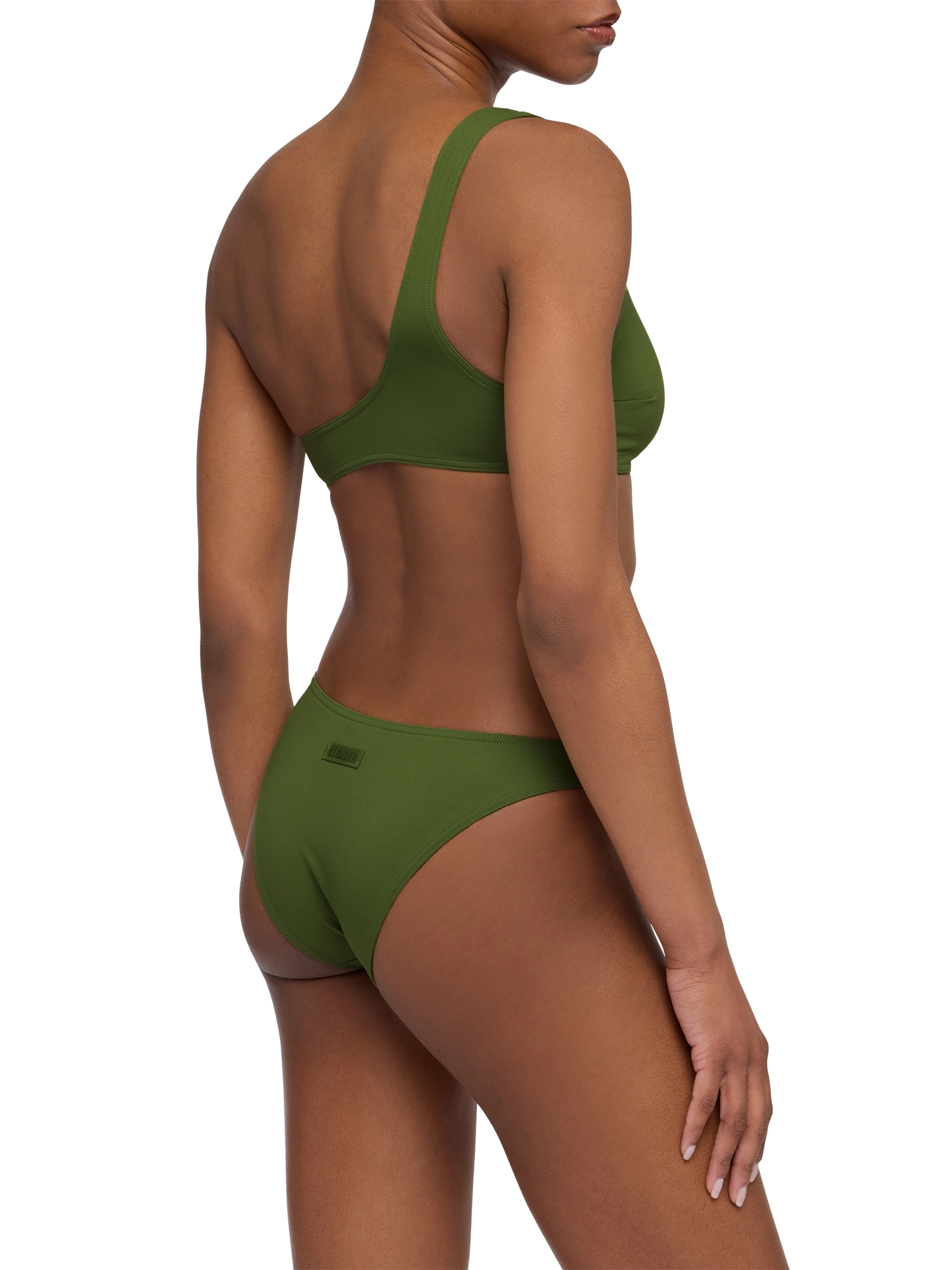 Celestine Lido military green bikini with one-shoulder bralette top and classic briefs