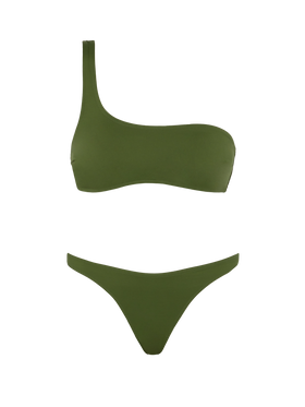 Celestine Lido military green bikini with one-shoulder bralette top and classic briefs