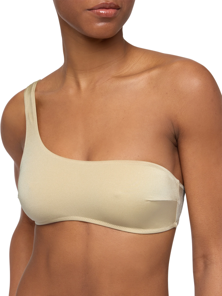 Celestine shimmer gold one-shoulder bralette top